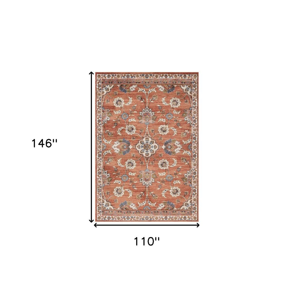 9' X 12' Ivory Blue And Orange Floral Area Rug