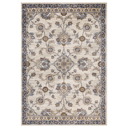 10' Ivory Charcoal And Blue Floral Runner Rug