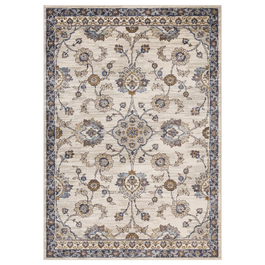 10' Ivory Charcoal And Blue Floral Runner Rug