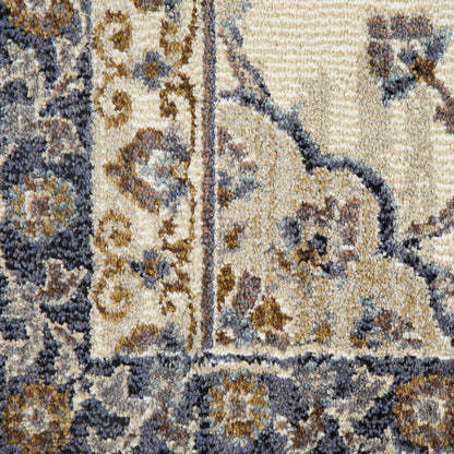 10' Ivory Charcoal And Blue Floral Runner Rug