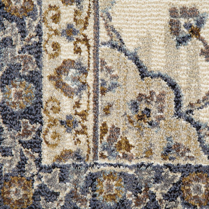 10' Ivory Charcoal And Blue Floral Runner Rug