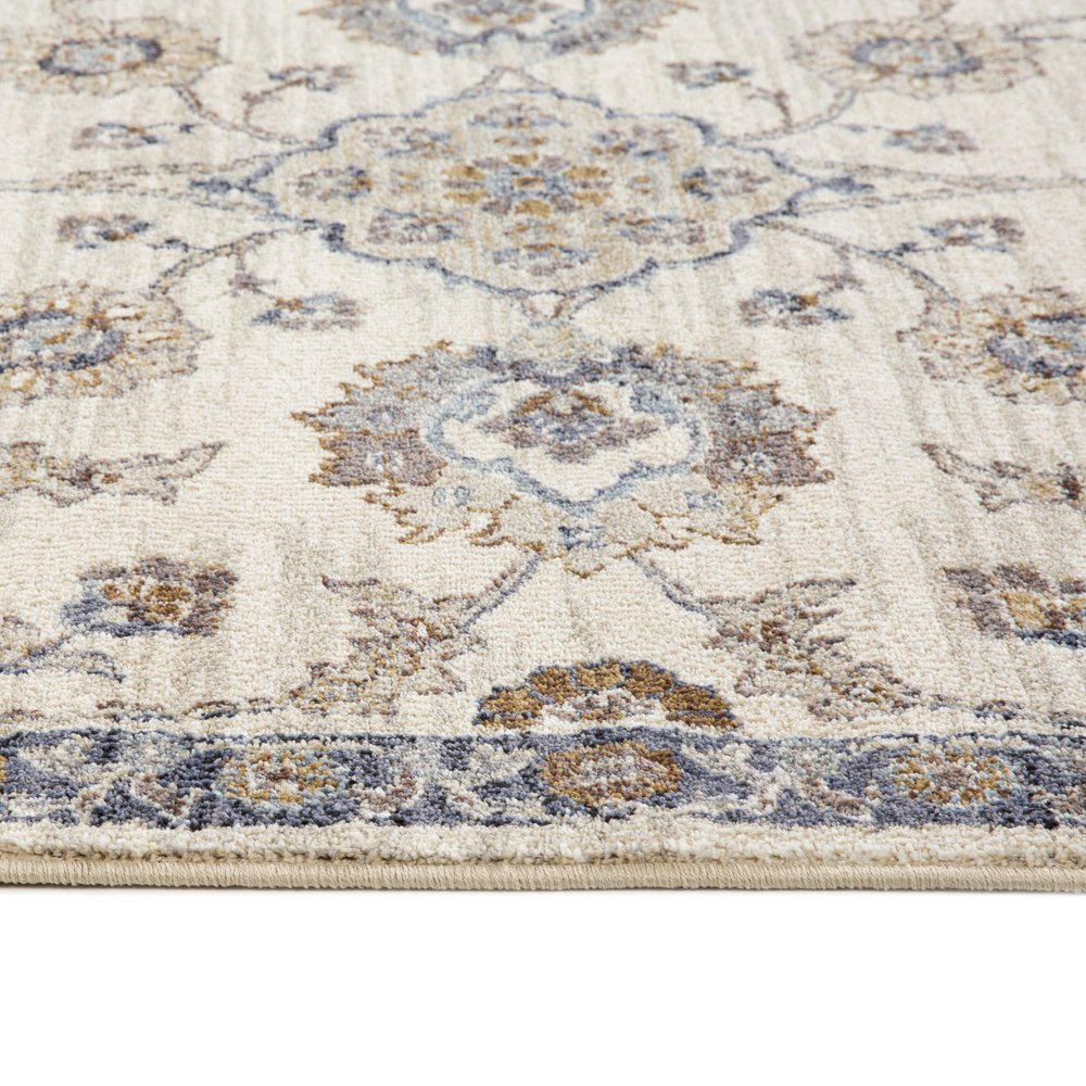 10' Ivory Charcoal And Blue Floral Runner Rug