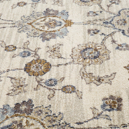 10' Ivory Charcoal And Blue Floral Runner Rug