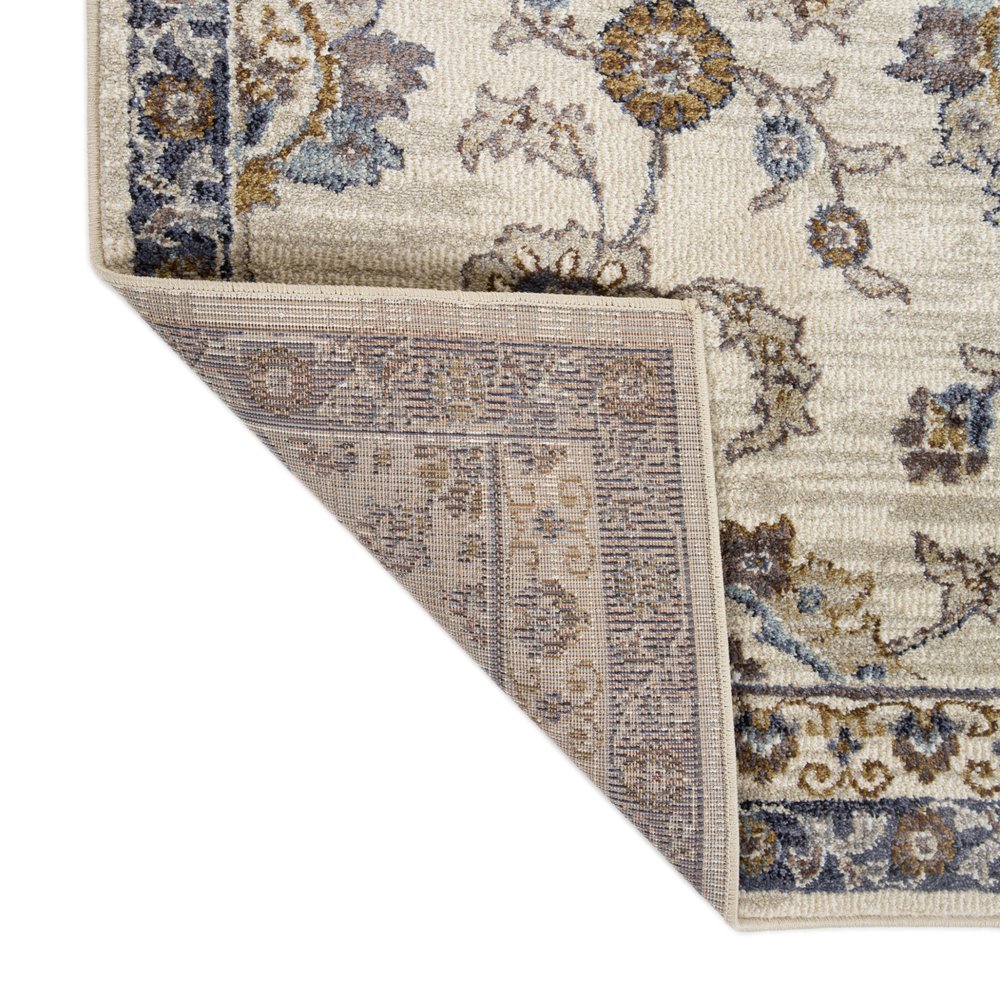 10' Ivory Charcoal And Blue Floral Runner Rug