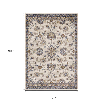 10' Ivory Charcoal and Navy Floral Power Loom Runner Rug