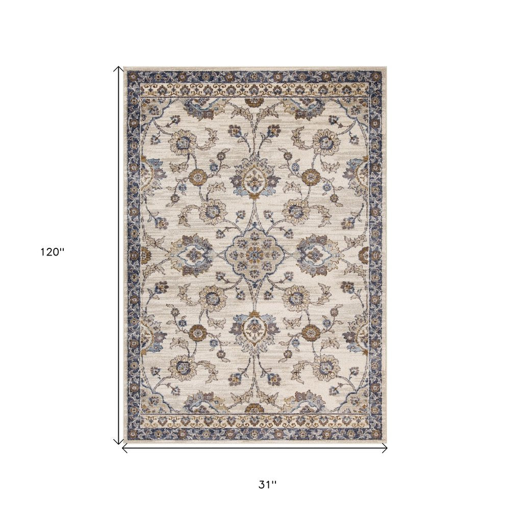 10' Ivory Charcoal And Blue Floral Runner Rug