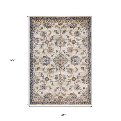 10' Ivory Charcoal And Blue Floral Runner Rug
