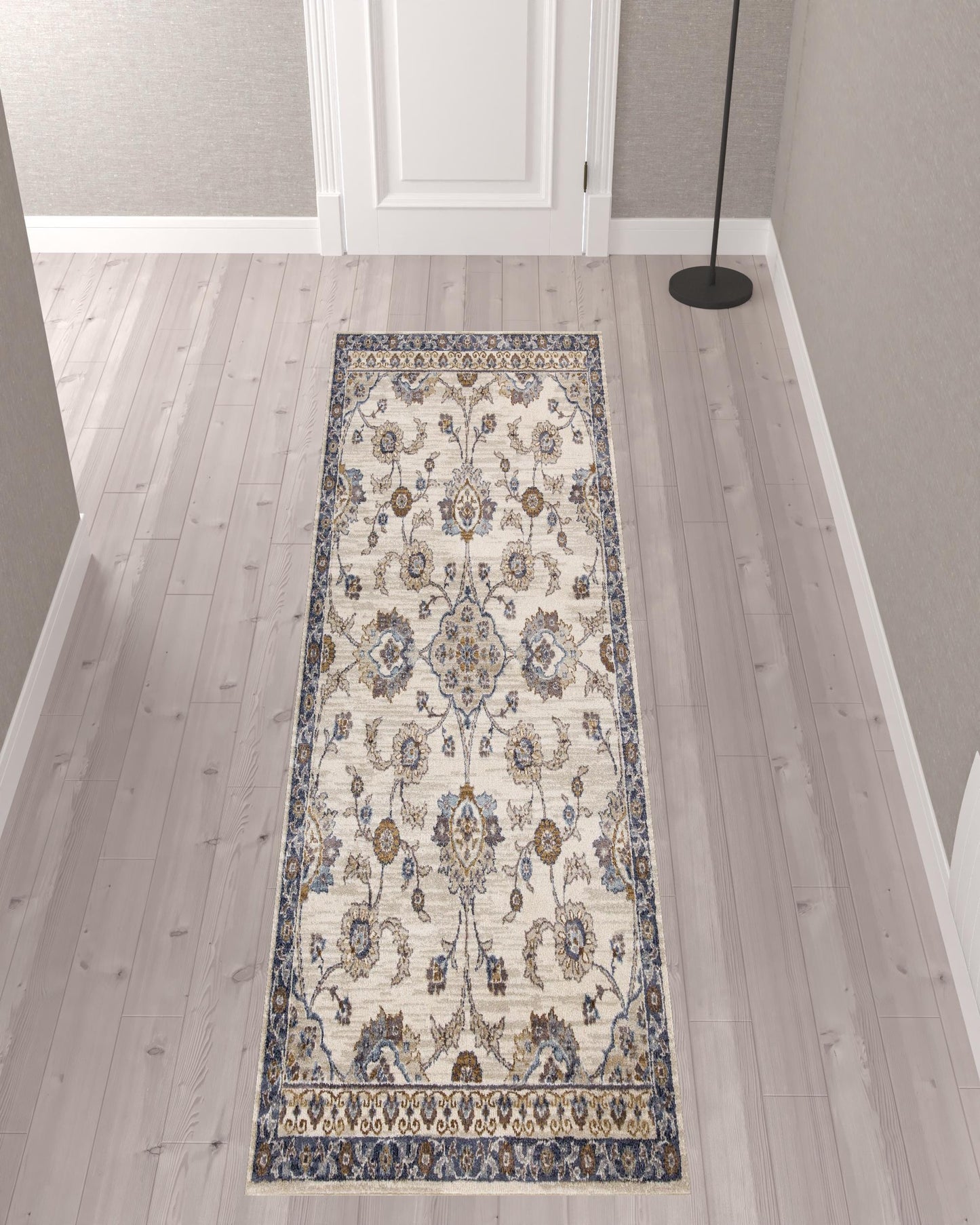 10' Ivory Charcoal and Navy Floral Power Loom Runner Rug