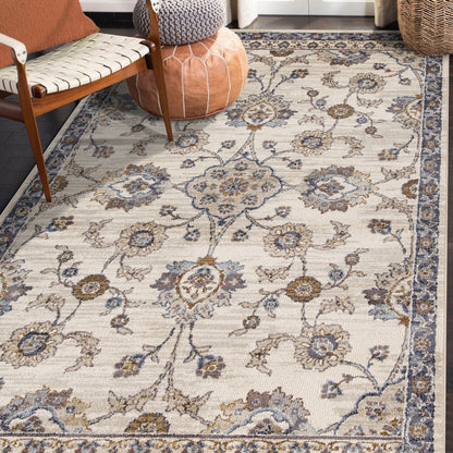 10' Ivory Charcoal And Blue Floral Runner Rug