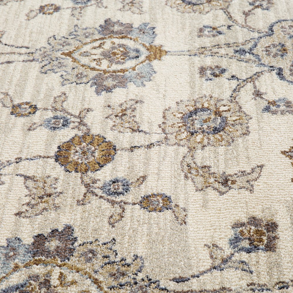10' Ivory Charcoal And Blue Floral Runner Rug