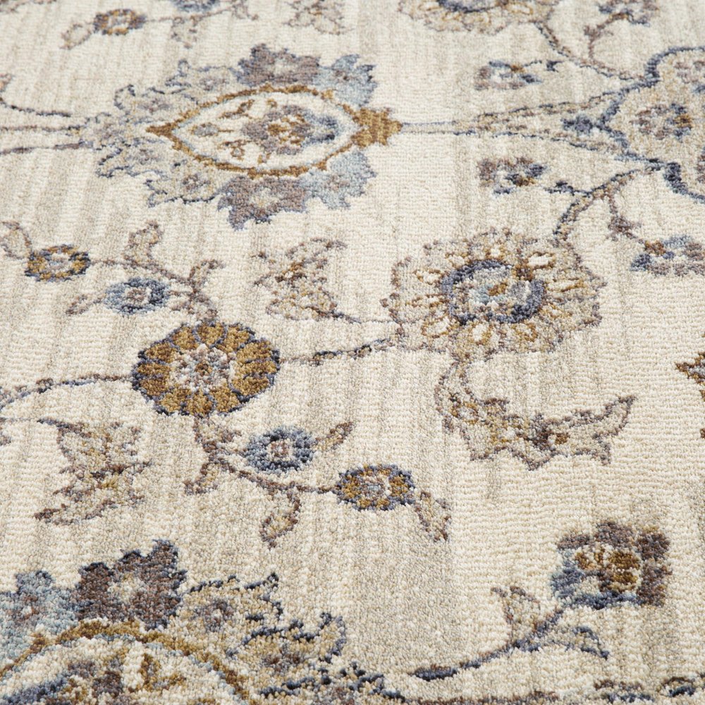 10' Ivory Charcoal And Blue Floral Runner Rug