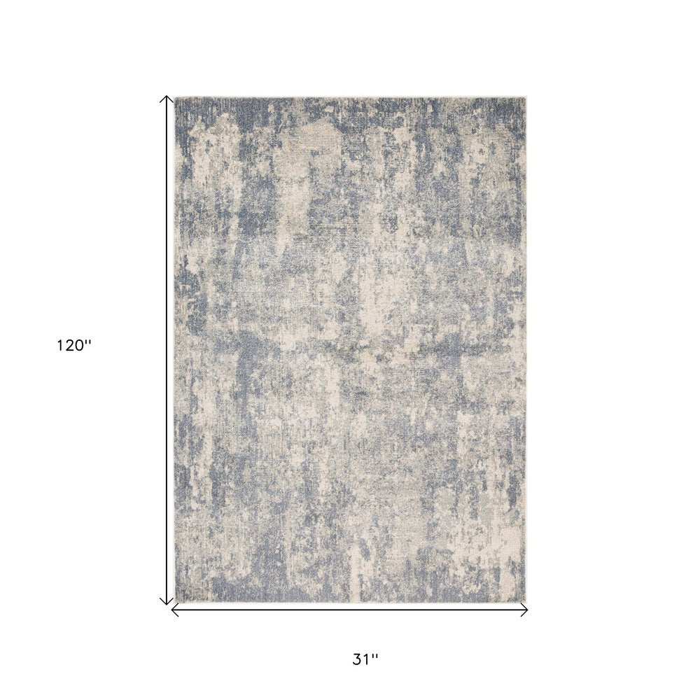 10' Light Gray Blue And Ivory Abstract Runner Rug