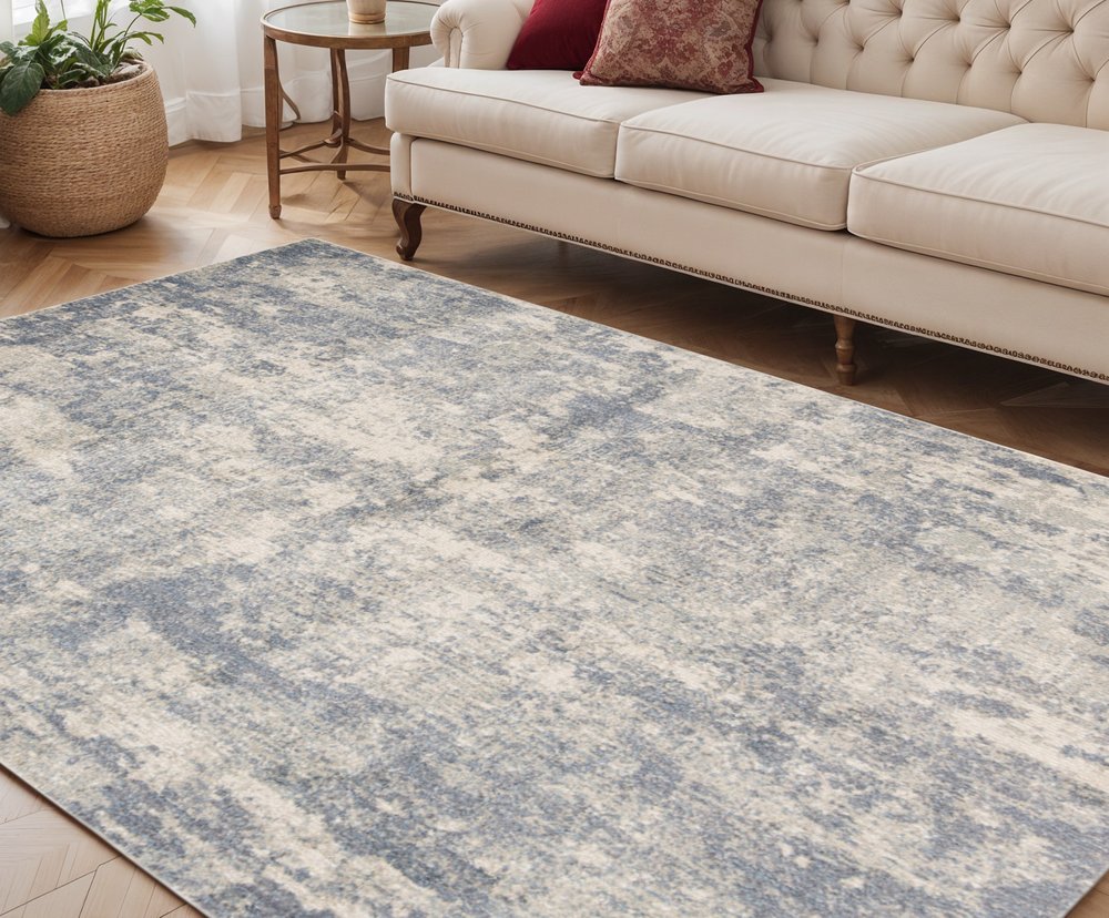 10' Light Gray Blue And Ivory Abstract Runner Rug