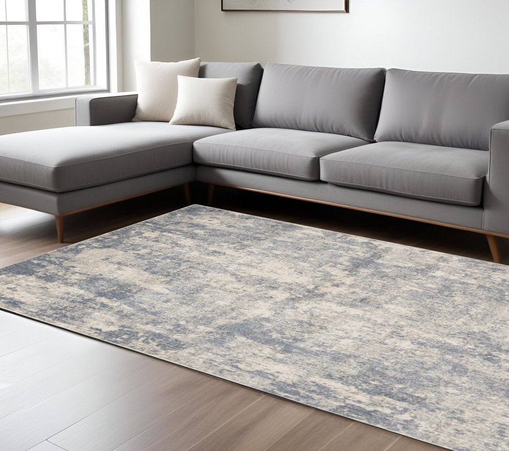 10' Light Gray Blue And Ivory Abstract Runner Rug