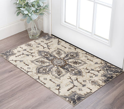 2' X 3' Ivory Gray And Brown Floral Medallion Area Rug