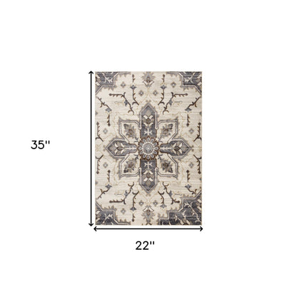 2' X 3' Ivory Gray and Black Floral Medallion Power Loom Area Rug