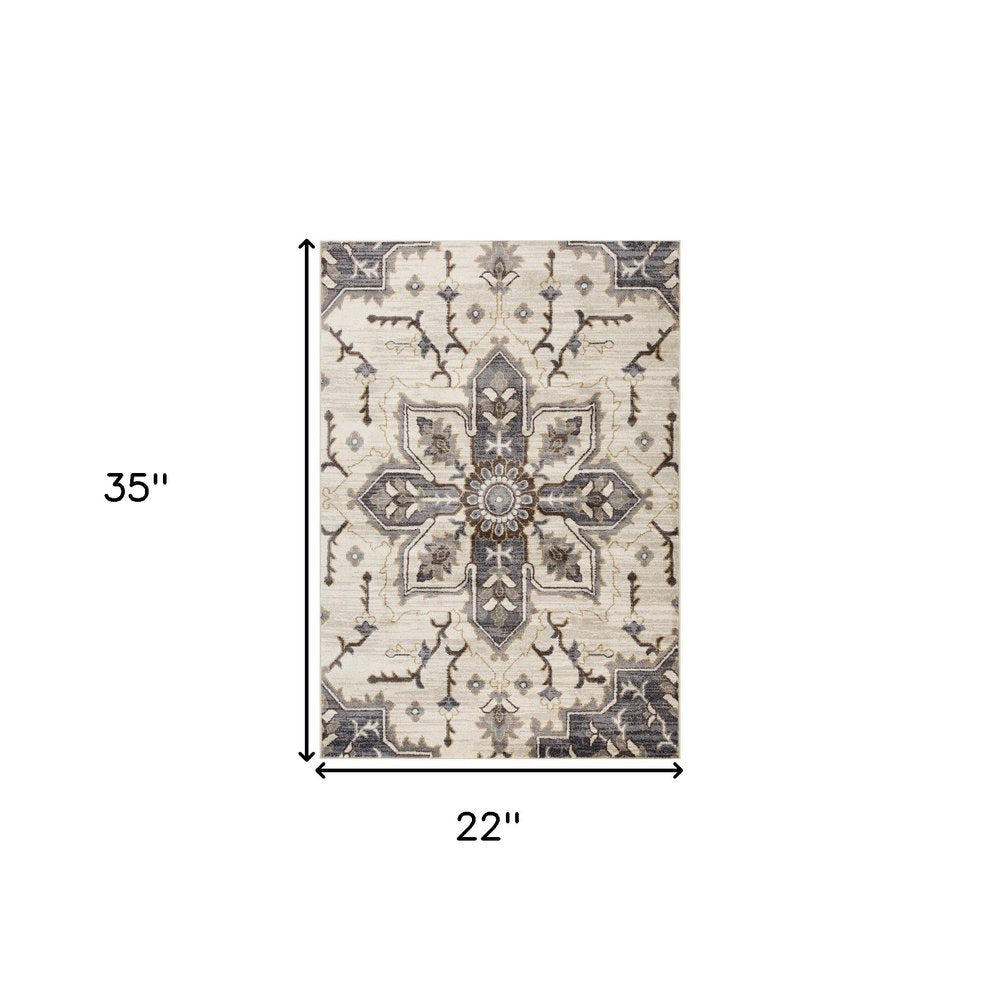 2' X 3' Ivory Gray And Brown Floral Medallion Area Rug
