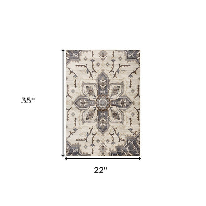 2' X 3' Ivory Gray And Brown Floral Medallion Area Rug