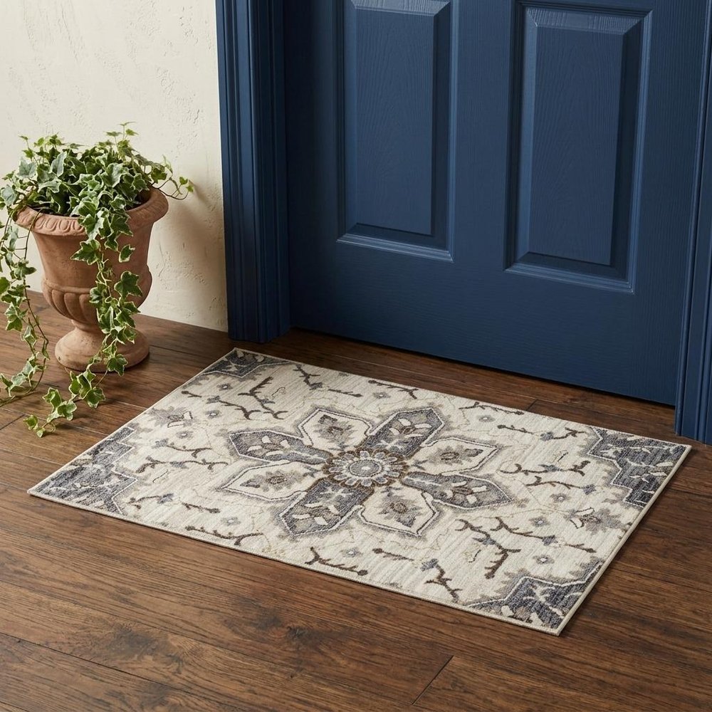 2' X 3' Ivory Gray And Brown Floral Medallion Area Rug