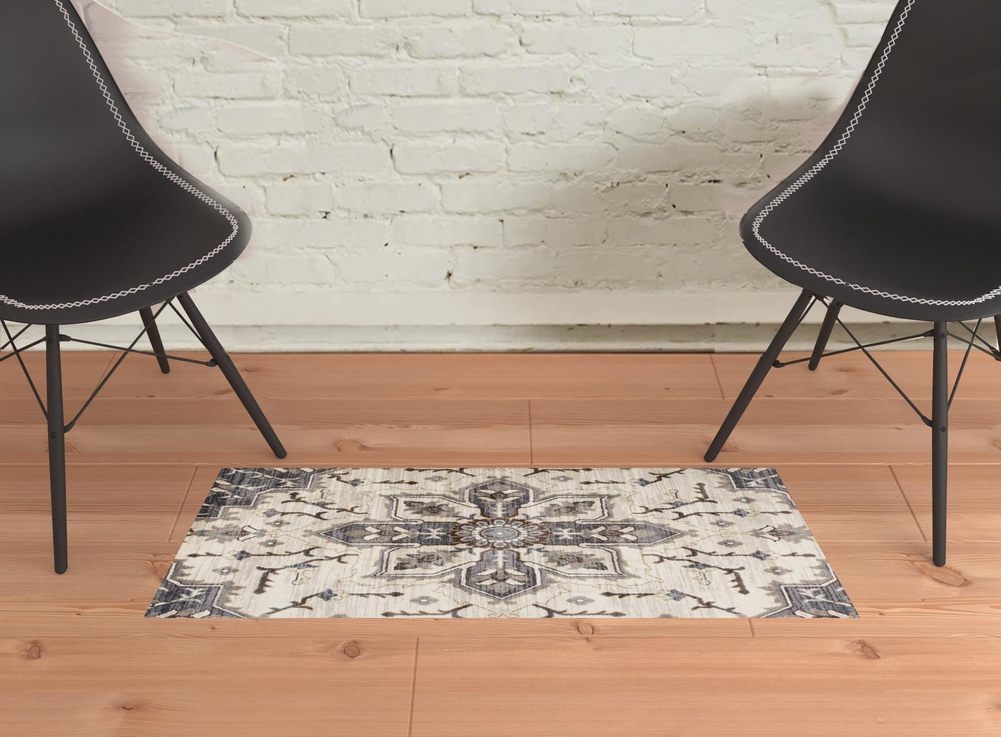 2' X 3' Ivory Gray and Black Floral Medallion Power Loom Area Rug