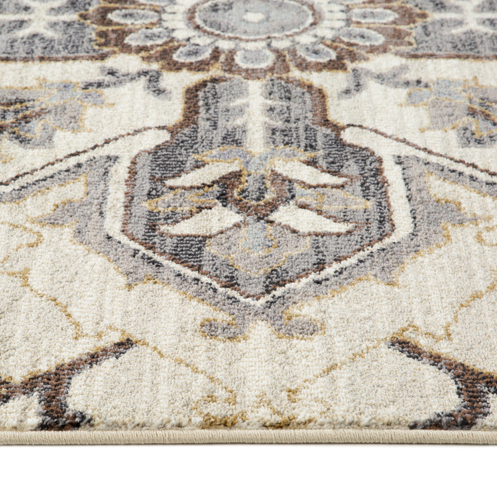 2' X 3' Ivory Gray and Black Floral Medallion Power Loom Area Rug