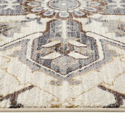 10' Ivory Gray And Brown Floral Medallion Runner Rug