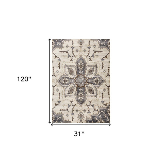 2' X 3' Ivory Gray And Brown Floral Medallion Area Rug