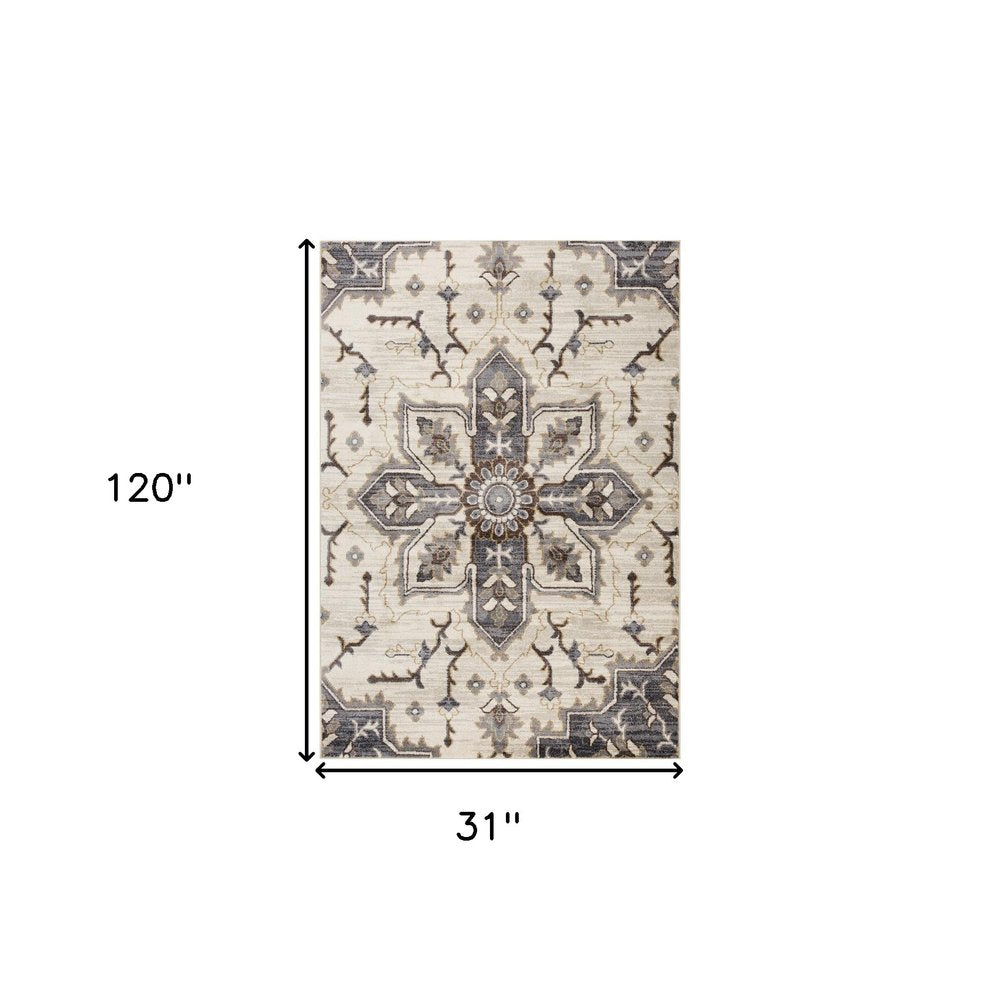 10' Ivory Gray And Brown Floral Medallion Runner Rug