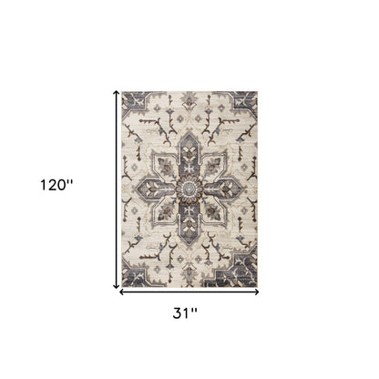 10' Ivory Gray And Brown Floral Medallion Runner Rug