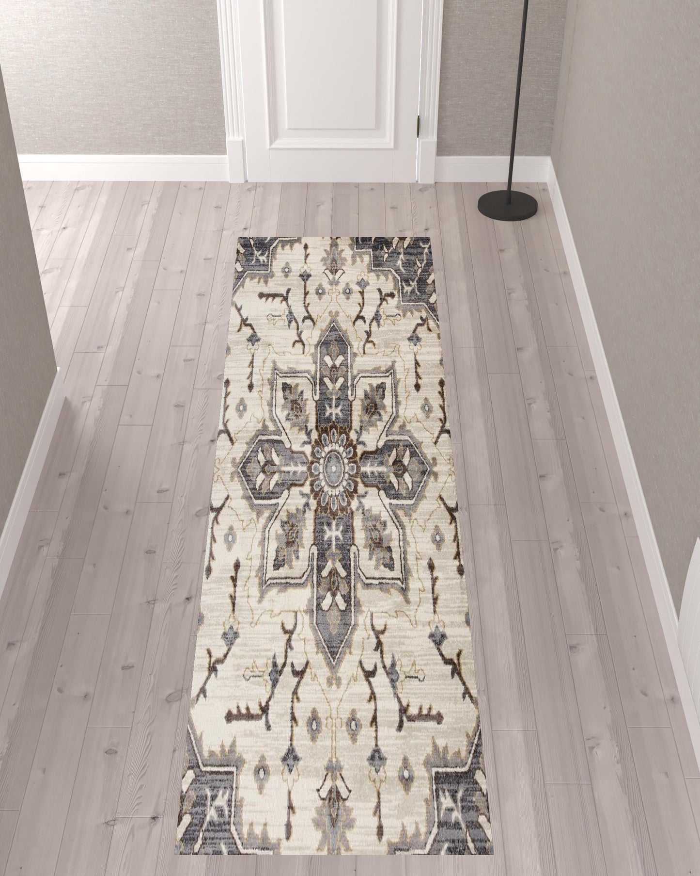 2' X 3' Ivory Gray and Black Floral Medallion Power Loom Area Rug