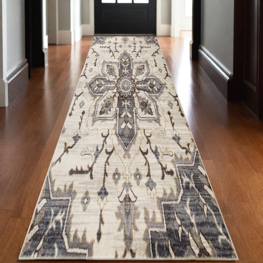 10' Ivory Gray And Brown Floral Medallion Runner Rug