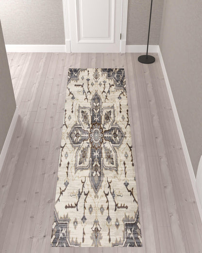 2' X 3' Ivory Gray and Black Floral Medallion Power Loom Area Rug