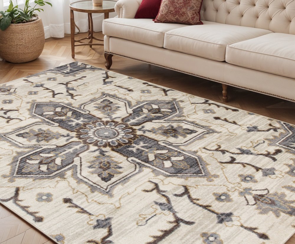 10' Ivory Gray And Brown Floral Medallion Runner Rug