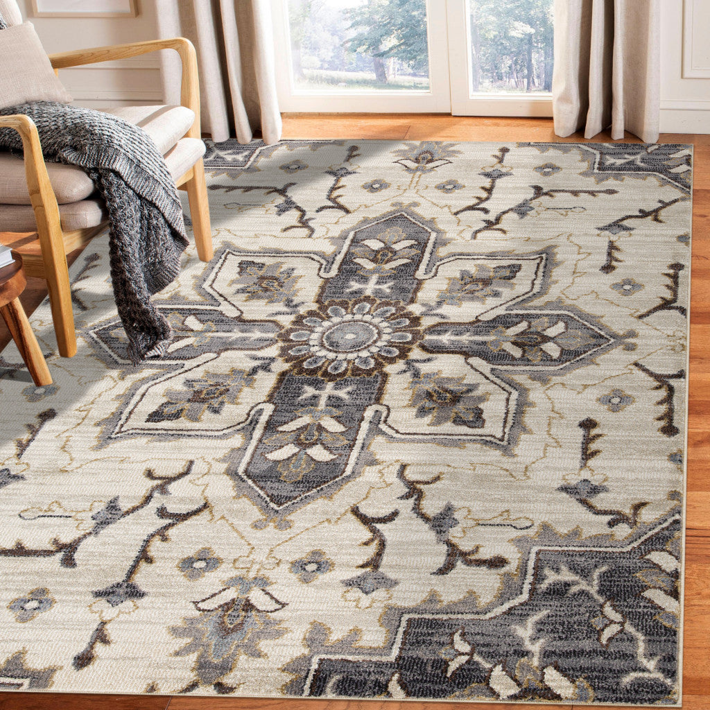 2' X 3' Ivory Gray and Black Floral Medallion Power Loom Area Rug