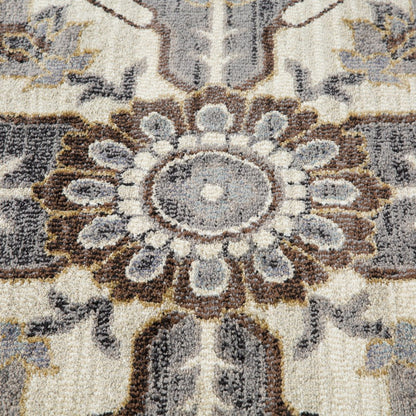 10' Ivory Gray And Brown Floral Medallion Runner Rug