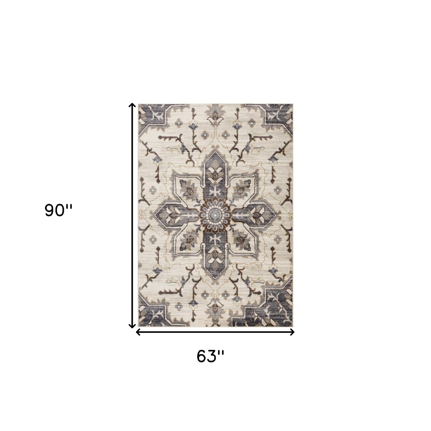 2' X 3' Ivory Gray and Black Floral Medallion Power Loom Area Rug