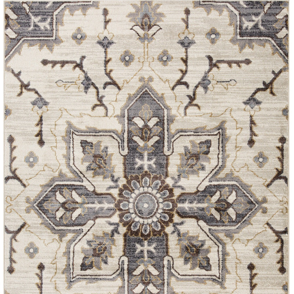 2' X 3' Ivory Gray and Black Floral Medallion Power Loom Area Rug