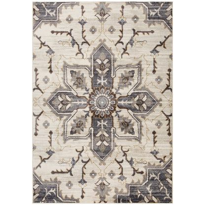 2' X 3' Ivory Gray and Black Floral Medallion Power Loom Area Rug