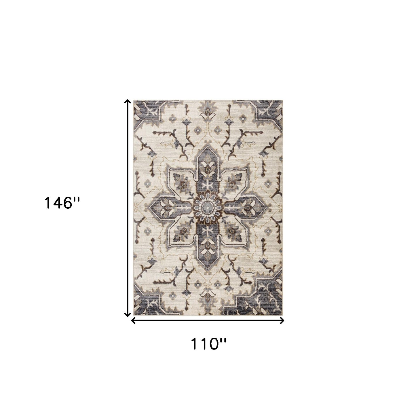 2' X 3' Ivory Gray and Black Floral Medallion Power Loom Area Rug