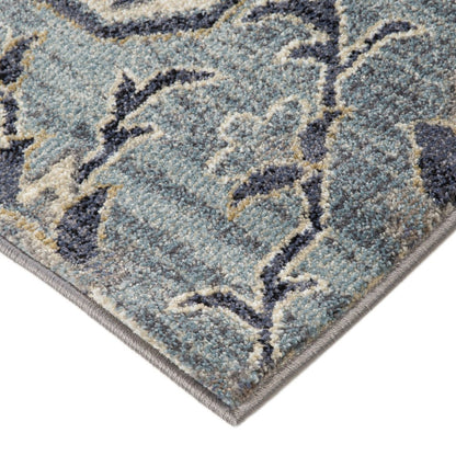 10' Ivory Gray And Blue Floral Medallion Runner Rug