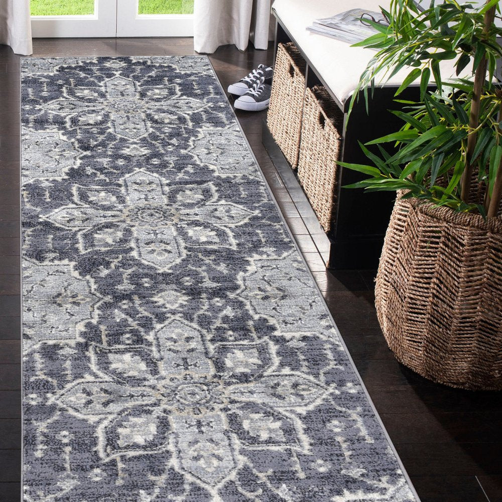 10' Ivory Gray And Blue Floral Medallion Runner Rug