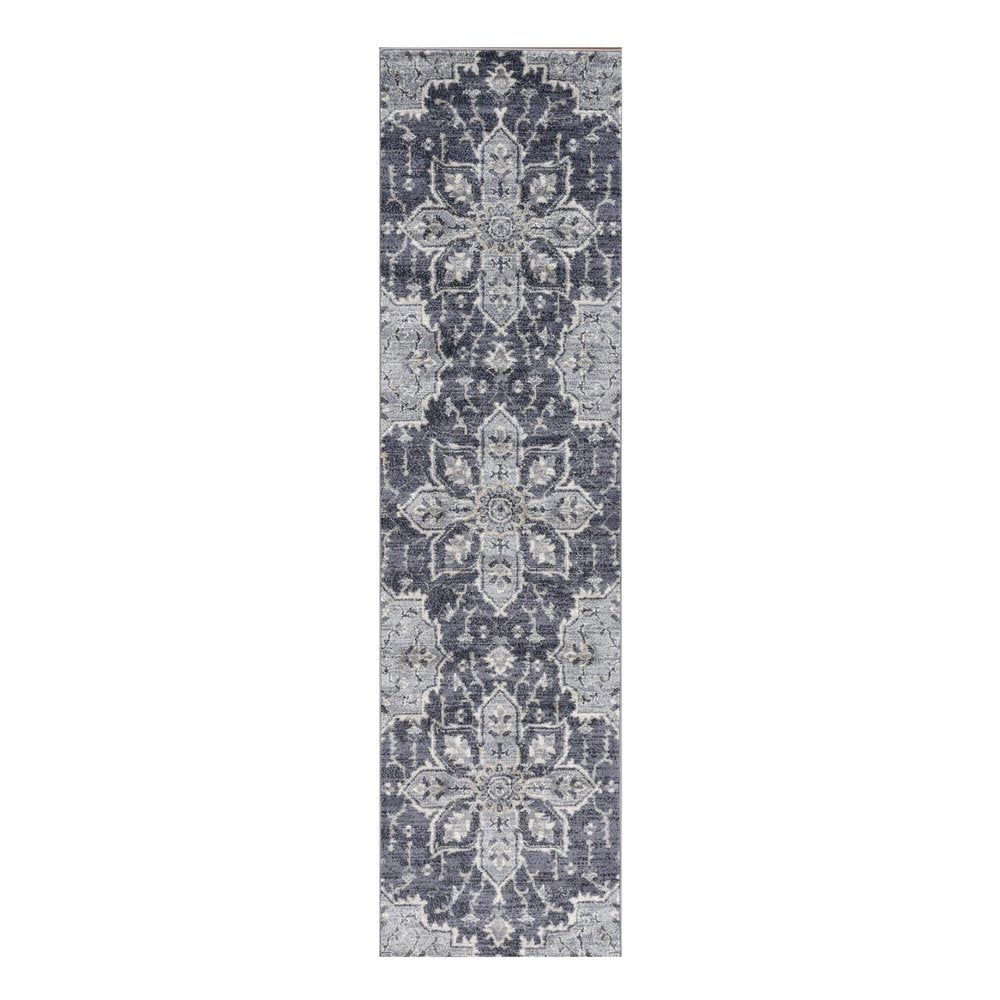 6' X 9' Ivory Gray And Blue Floral Medallion Area Rug