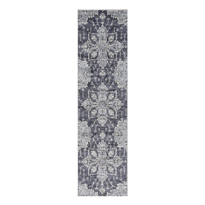 10' Ivory Gray And Blue Floral Medallion Runner Rug