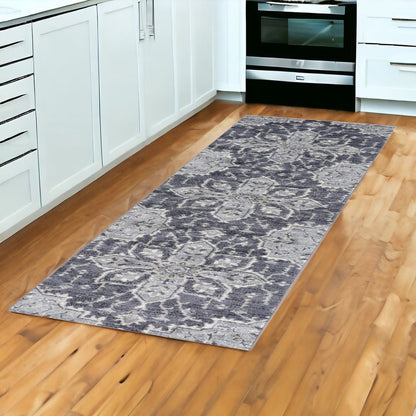 10' Ivory Gray And Blue Floral Medallion Runner Rug