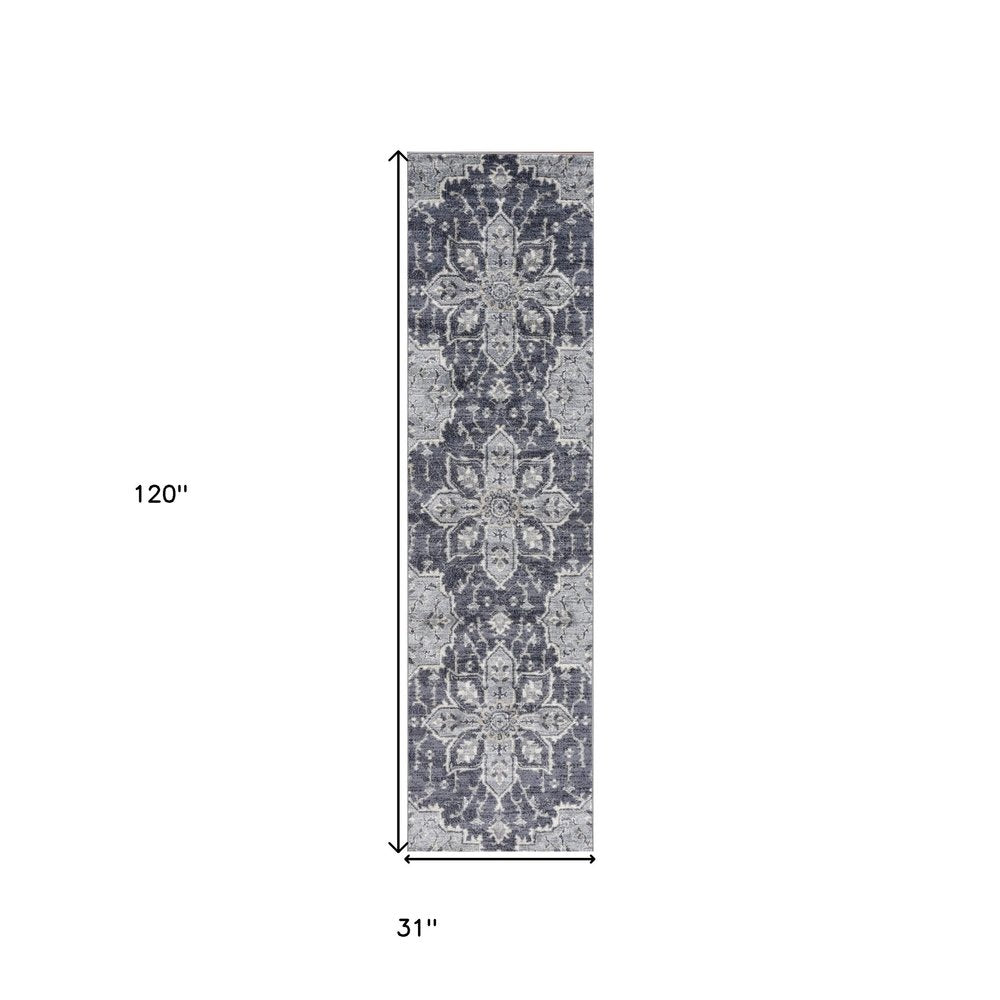 6' X 9' Ivory Gray And Blue Floral Medallion Area Rug