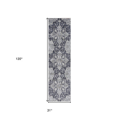 10' Ivory Gray And Blue Floral Medallion Runner Rug