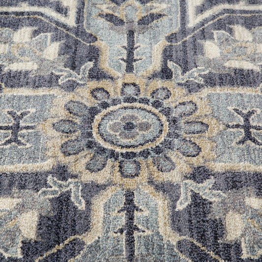 6' X 9' Ivory Gray And Blue Floral Medallion Area Rug