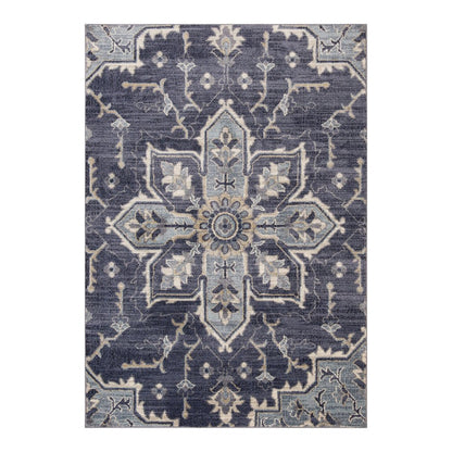 6' X 9' Ivory Gray And Blue Floral Medallion Area Rug