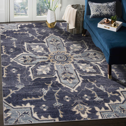 10' Ivory Gray And Blue Floral Medallion Runner Rug