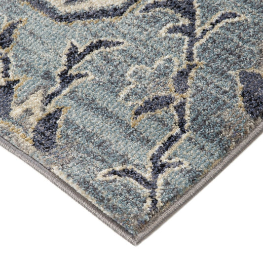 10' Ivory Gray And Blue Floral Medallion Runner Rug